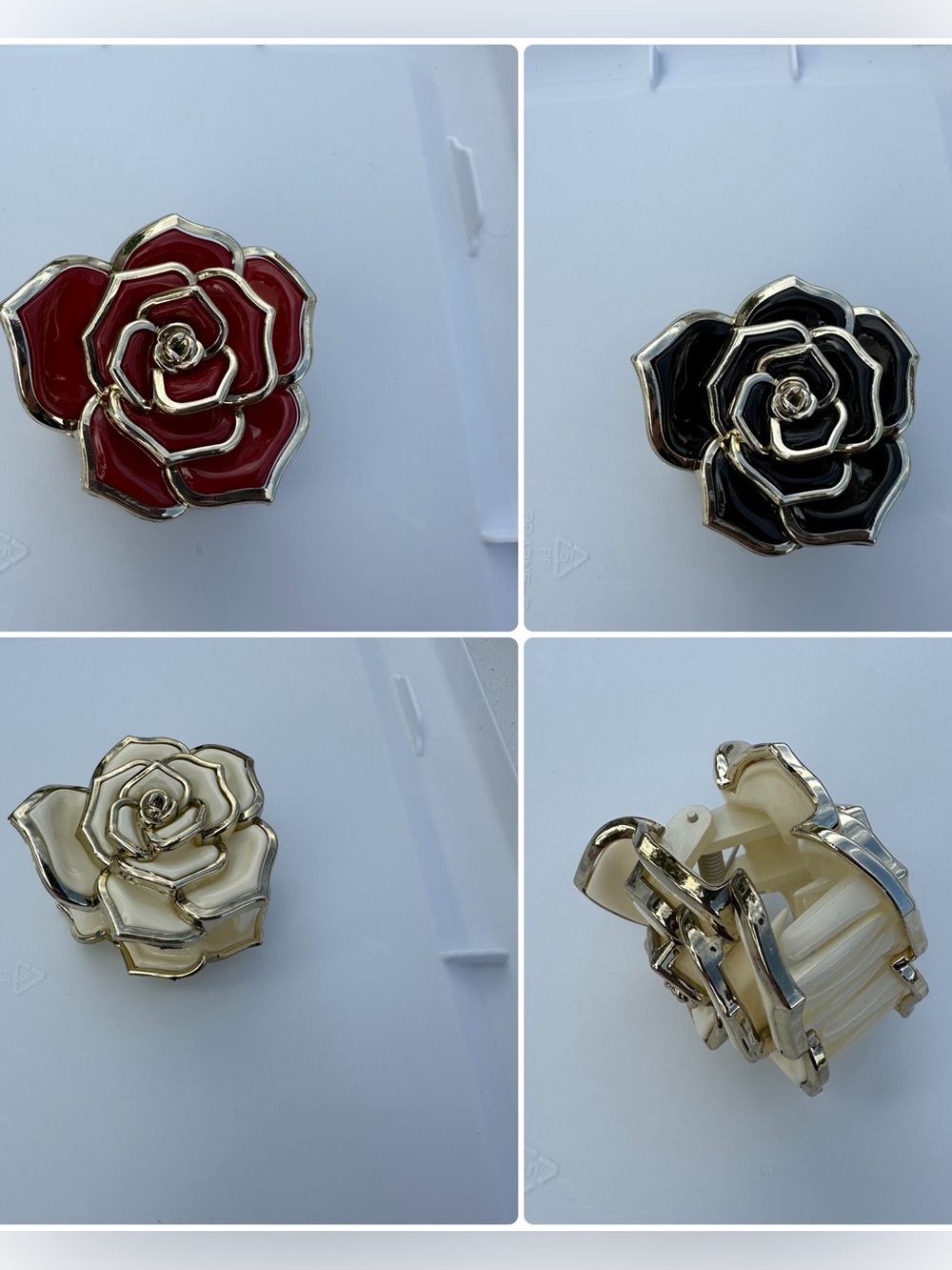 3ct Bundle-Rose Enamel Styled Hair Clips-Red,Black,Cream with Gold Color Trim